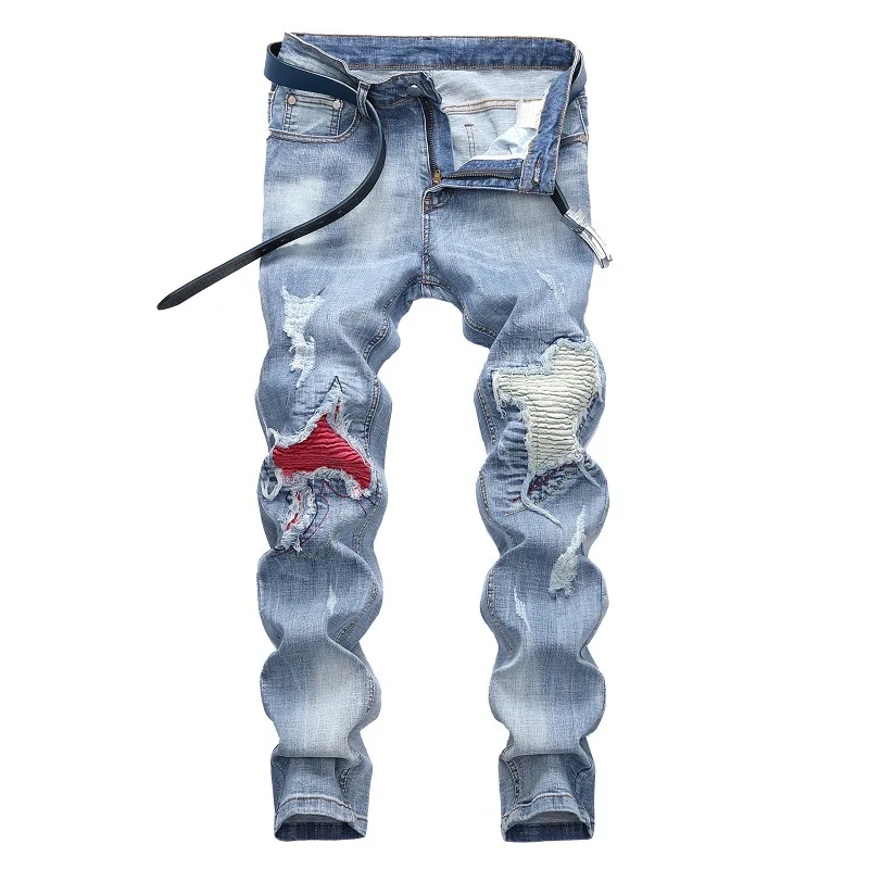 

Gigh-Quality Personality Light Blue Stretch Motorcycle Ripped Hole Trend Men's Jeans