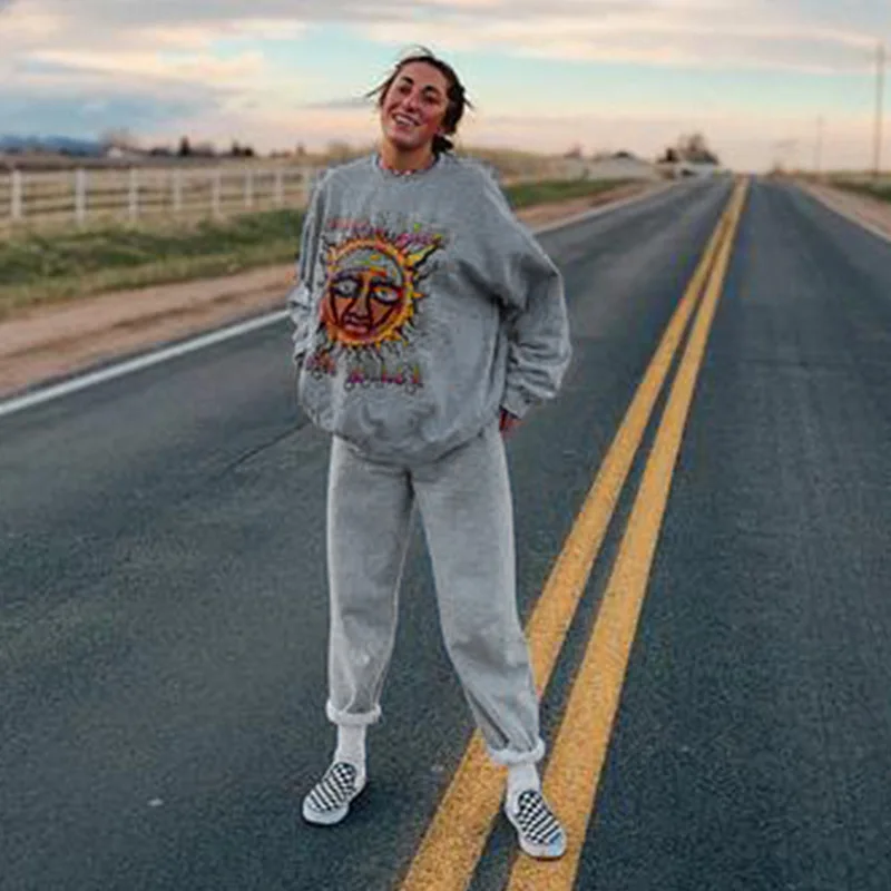 Хлопковая винтажная Толстовка с принтом повседневный Свободный свитшот круглым