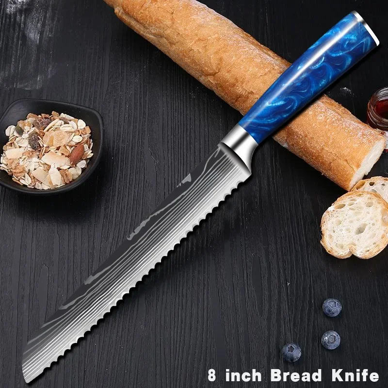 Kitchen Knives Set Blue Resin Handle Laser Damascus Blade Chef Fish Meat Cleaver Slicing Japanese Knife Sets