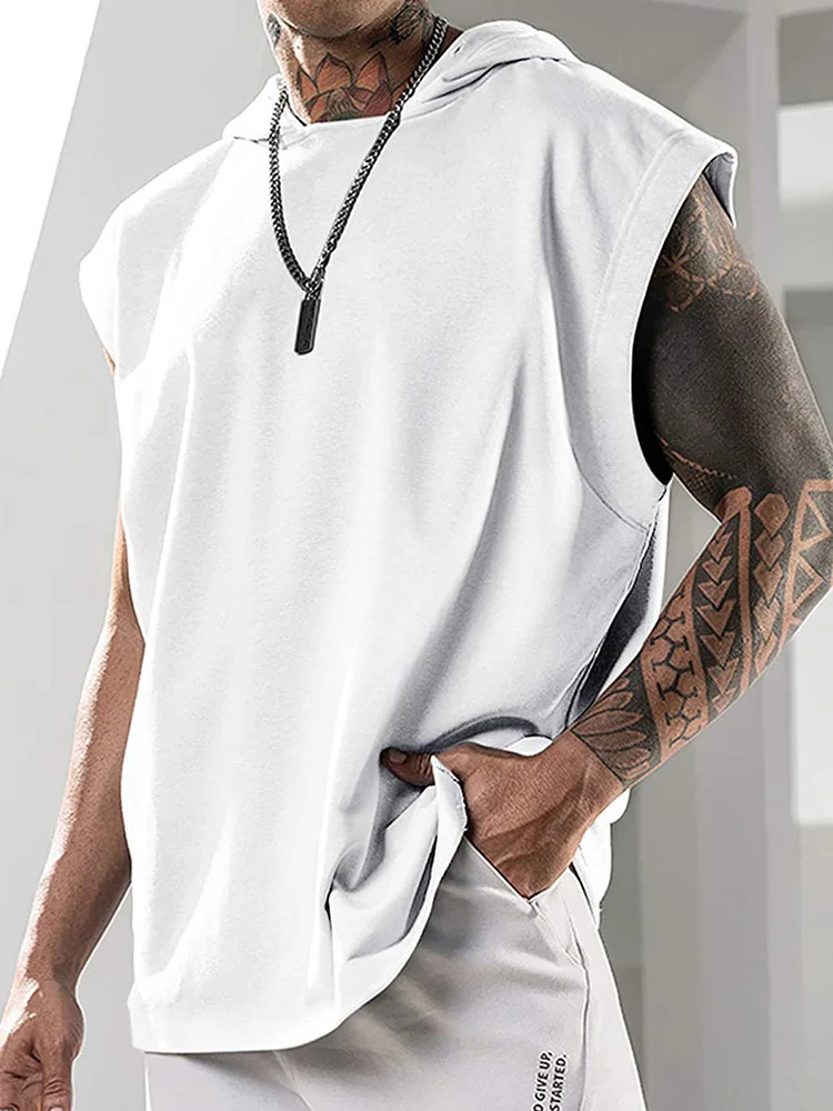 

Casual Men's Solid Color Hooded Tank Tops Summer Loose Sleeveless O-Neck T-Shirts 2022 New Simple Sports Pullover Men Clothing