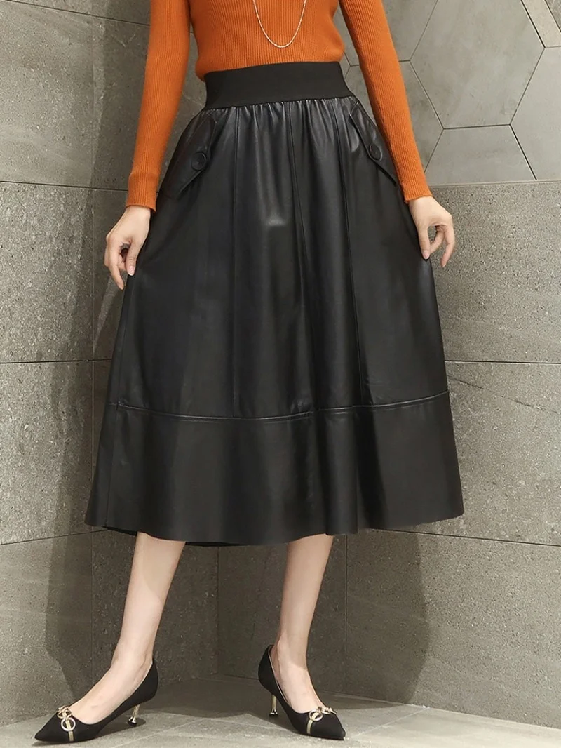 

Loose line to sheep skin, stylish, loose, elastic, high waist, plied, black, office, women, midi skirt, 100%