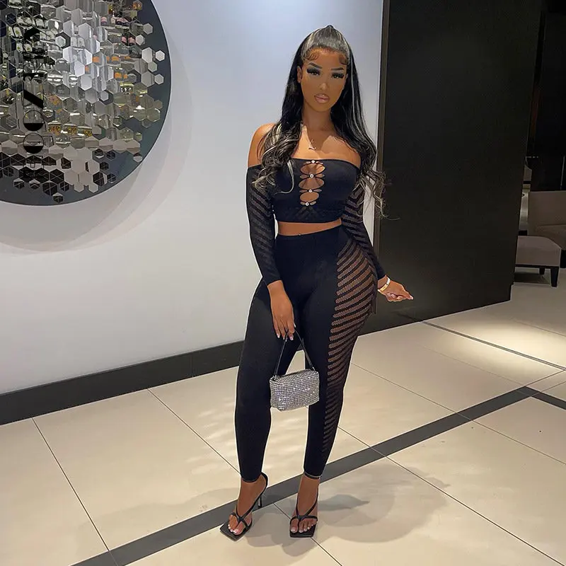 

BoozRey See Through Sexy Two Piece Set Women Off Shoulder Hollow Full Sleeve Tops+Striped Skinny Pants Female Lingerie Outfits