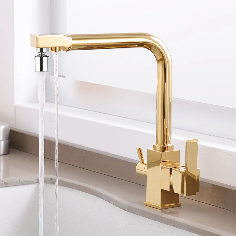 

All copper three purpose faucet three in one kitchen dish washing basin hot and cold rotary water purification faucet gold