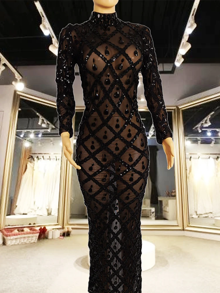 Платье с полным обхватом из черных камней, прозрачными длинными рукавами и высоким воротником, для вечерних мероприятий и фестивалей, с камнями-страсами.