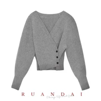 wool solid color long sleeved pullover for ruandai 2022 fall and winter new side button v neck loose knit sweater women