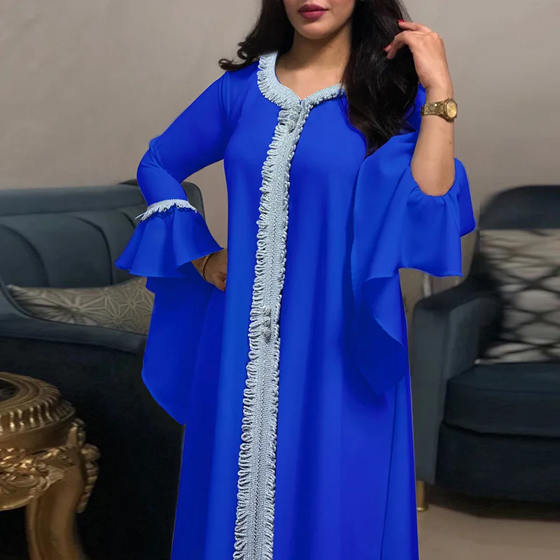 Ramadan Eid Style Abayas For Woman Dubai Fashion Polyester Chiffon Plus Size Long Muslim Dress Appliques Diamonds Robe Femme