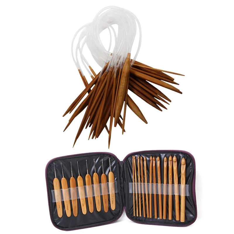 

20Pcs Bamboo Crochet Hooks Knitting Needles Set With Case & 18 Pairs 16 Inch (40Cm) Circular Carbonized