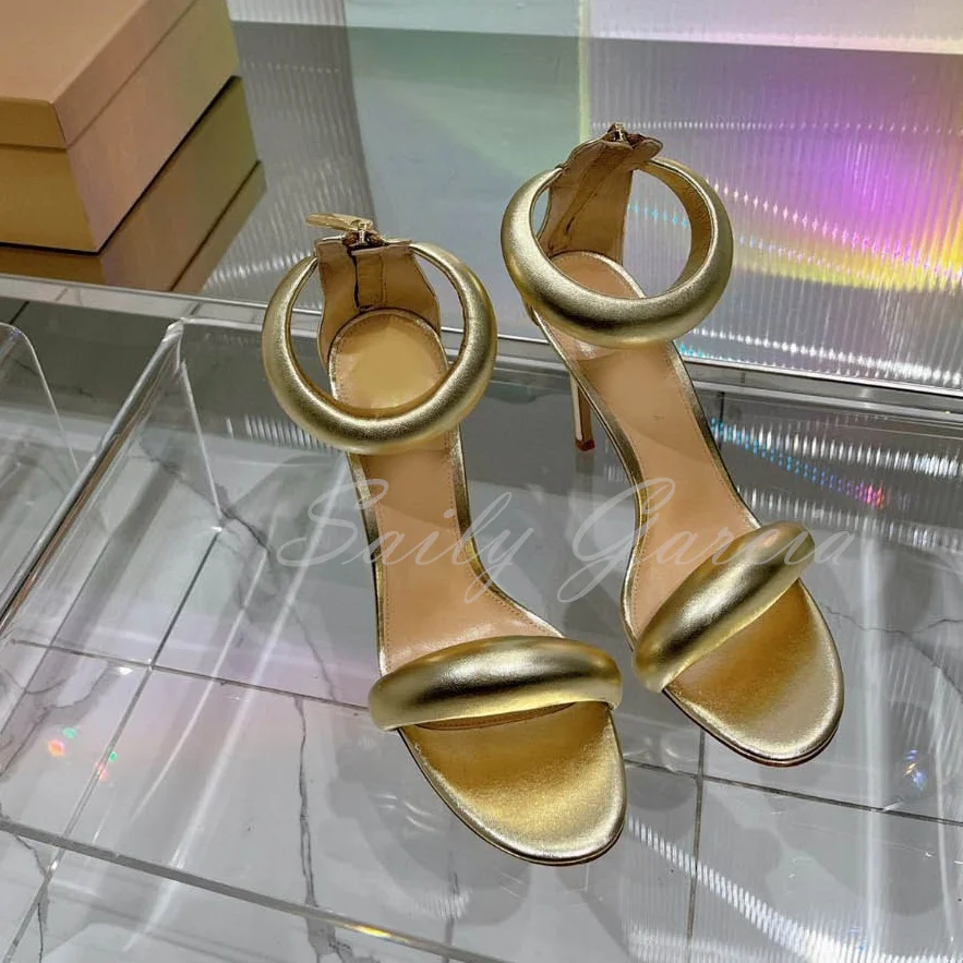 Sexy Banquet Leather Sandals Ladies Brand New One-Line Back Zipper Round Toe Stilettos Gold White Red Sandals Large Size 43