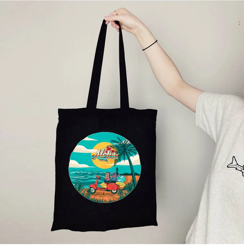 

Сумка для покупок Aloha Stitch Vibes, сумка Алоха на заказ, милая сумка с тропическими растениями, островная летняя дорожная мультяшная сумка с инди...