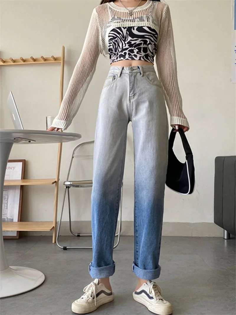 Fall 2021 Y2k New Women's Gradient Jeans Loose Straight Trousers All-match Pants Mopping Pants Korean High Waist Wide Leg Jeans
