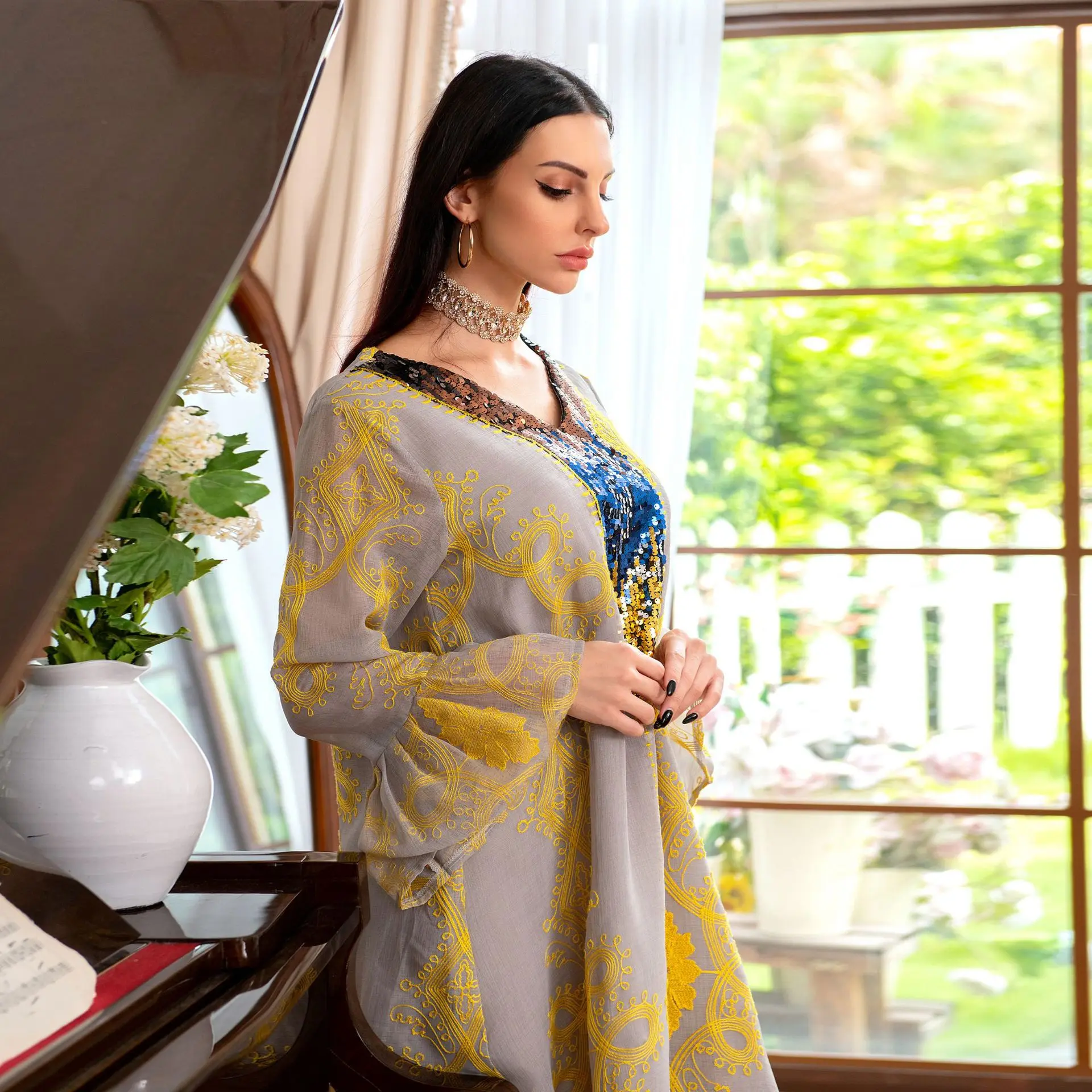 Muslim Long Women Dress Fashion Abaya Dubai Islamic  Abaya Long Sleeve Embroidery Sequin Printed Pakistani Robe Moroccan Kaftan