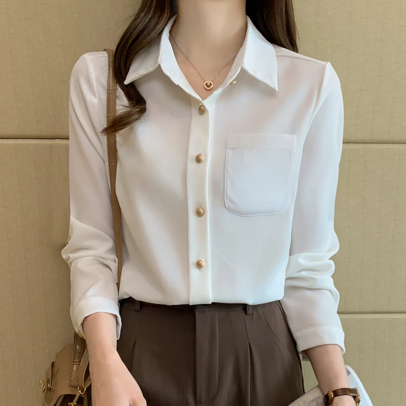

Casual Loose Shirts Korean Single Breasted Shirts Tops Women Turn Down Collar Office Lady White Tops Long Sleeve Elegant 803D