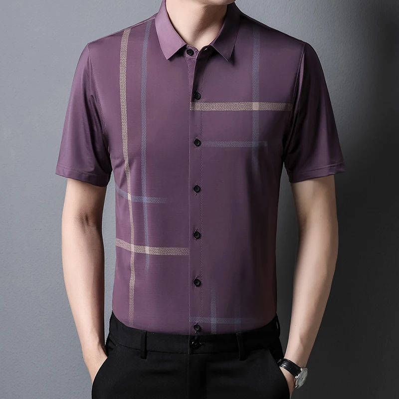 

BROWON 2022 Men Summer Shirt Hot Sale Shirt Men Slim Fit Geometric Short Sleeve Turn Down Collar Business Work Shirt for Men