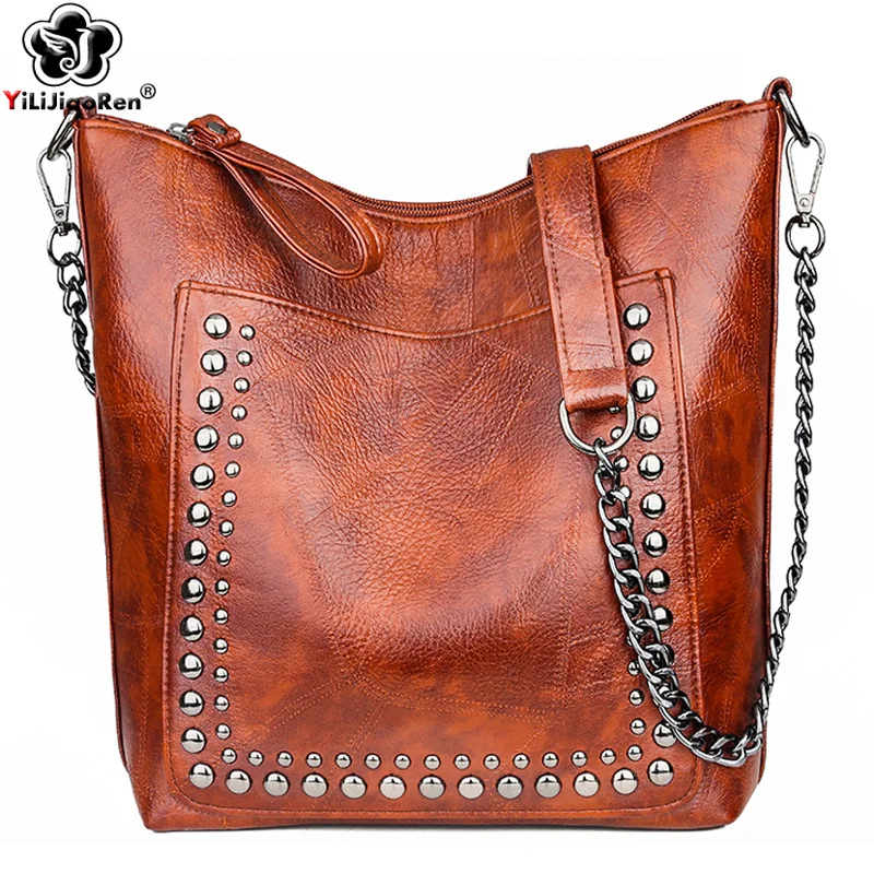 

Retro Rivet Shoulder Bag Chain 2023 Bags for Women Luxury Leather Messenger Bag Women Large Handbag Lady Bolsas De Mujer