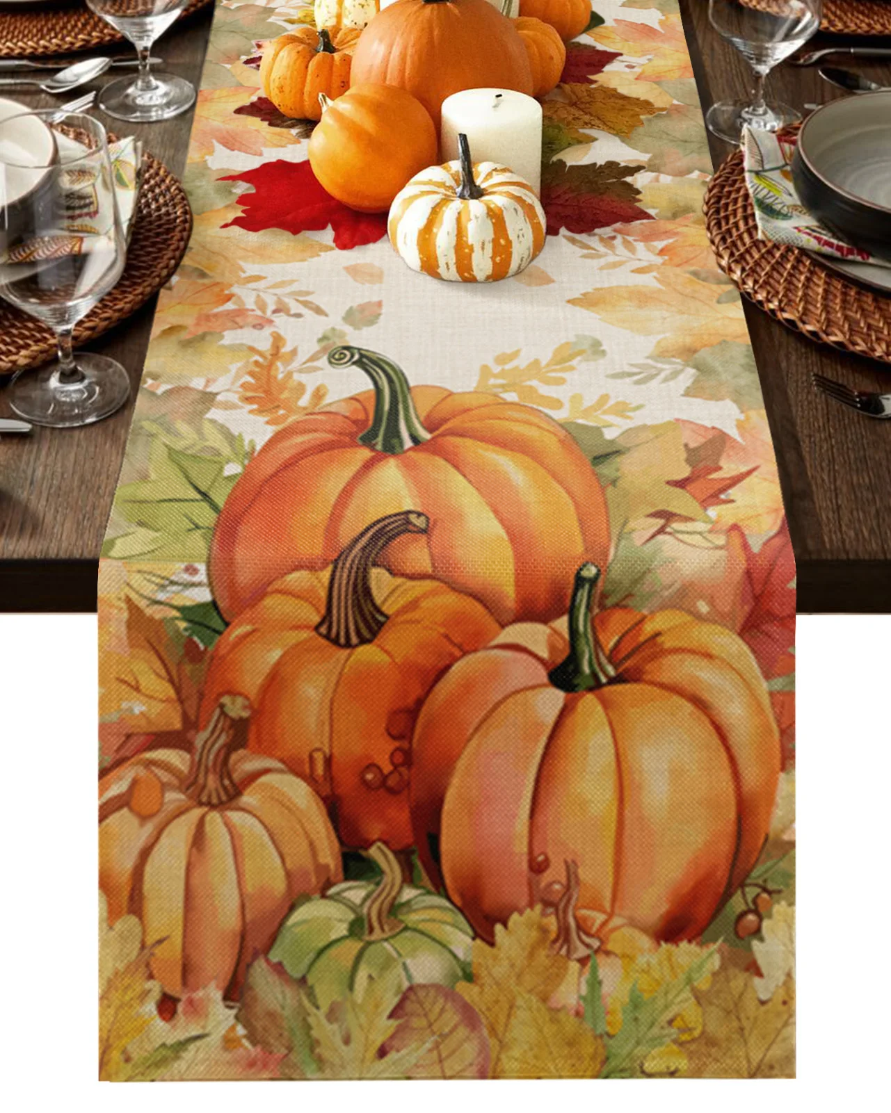 

Thanksgiving Pumpkin Fall Maple Leaf Table Runner Christmas Decoration Tablecloth Wedding Party Decor Table Cover