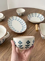 Hand Painted Small Blue Flowers Ceramic Tableware Matt Vintage Underglaze Meal Plate Rice Bowl Home