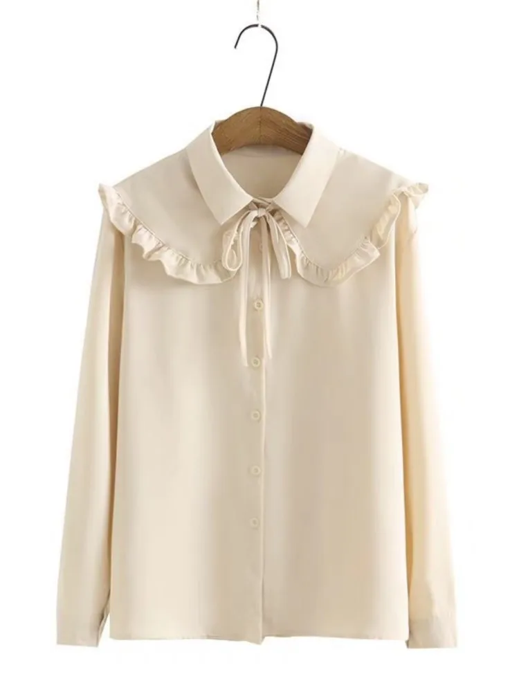 

Women Clothing Blouses Plus Size 2022 Spring New Fashion Temperament Milk Fiber Ruffled Lace-Up All-Match Long Sleeves Tops