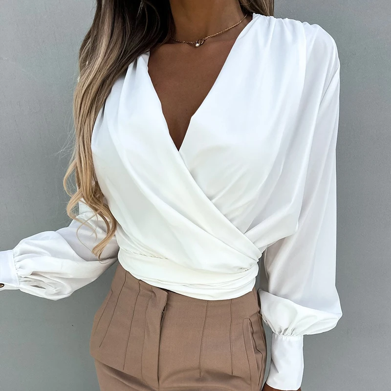 Женская блузка с длинным рукавом-фонариком элегантная приталенная офисная