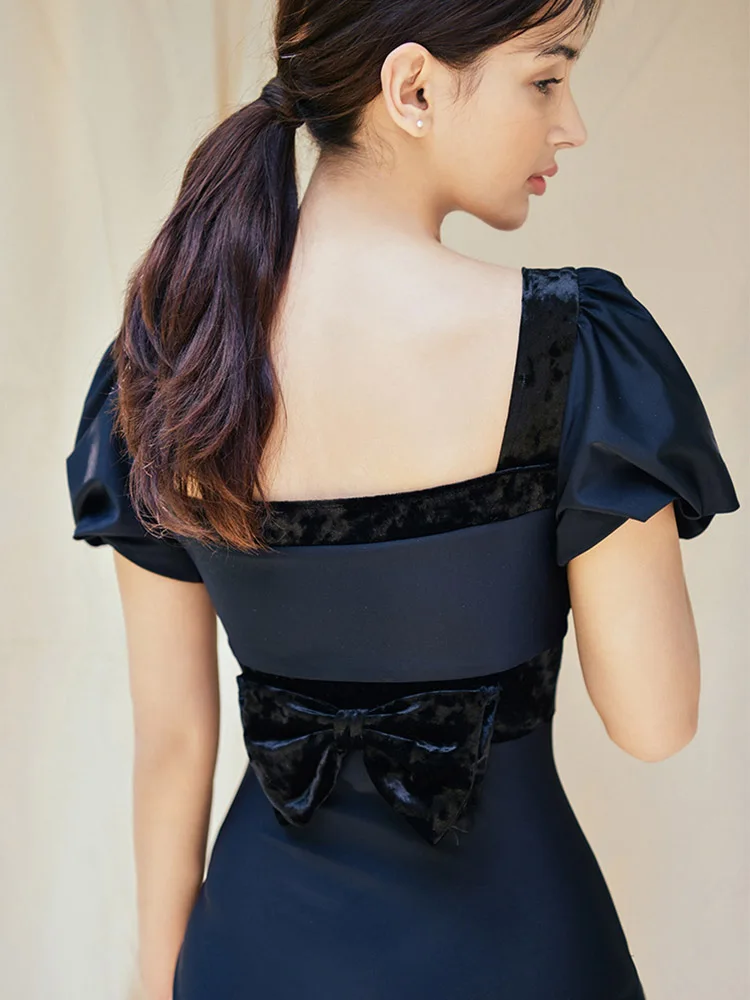 Слитный купальник с коротким рукавом Женский однотонный плиссированный