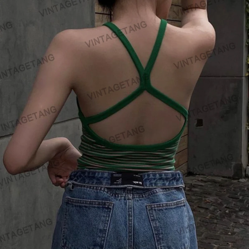 

Женская Ретро зеленая полосатая блузка с открытой спиной