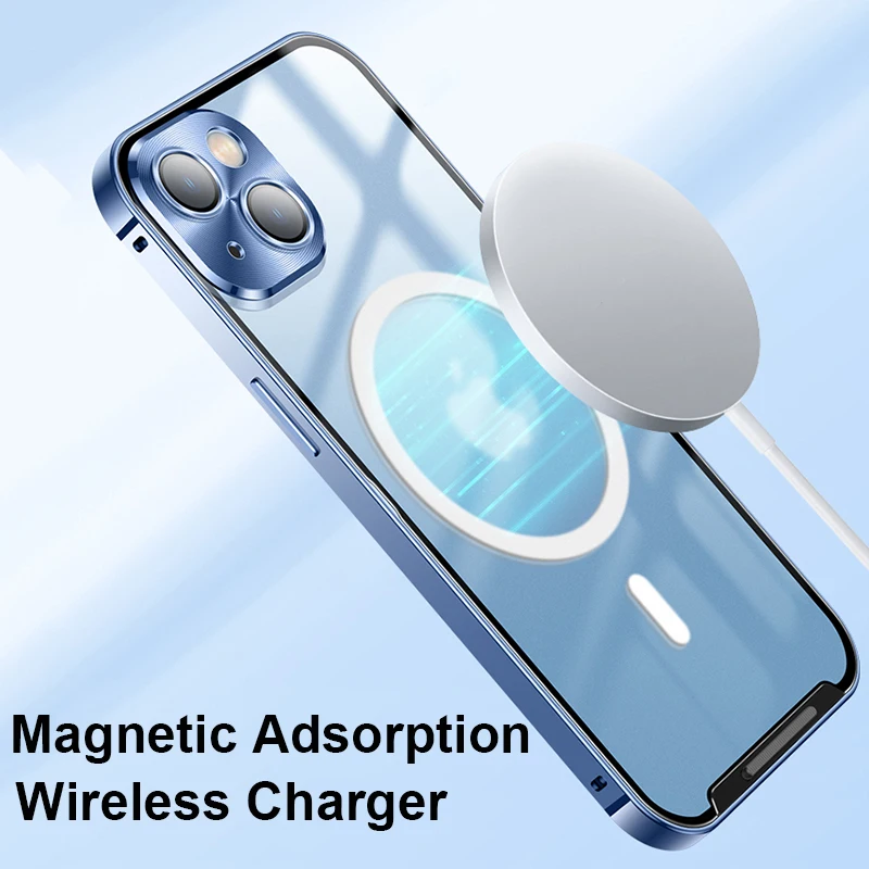 Metal Magnetic Wireless Charger Case For iPhone 14 Plus 13 Pro MAX 12 Aluminum Bumper Shockproof Armor Transparent Phone Cover