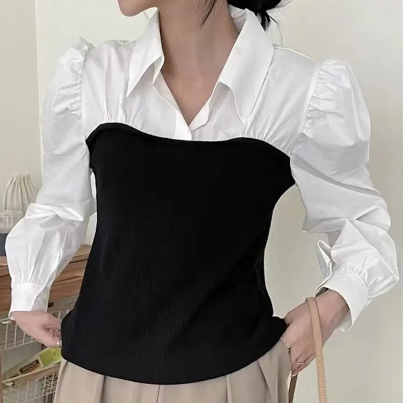 

WDMSNA Lapel Knitted Stitching Fake Two-piece Blusas Mujer Puff Sleeve Ladies Shirt Top Korean Autumn Simple Slim Blouse Women