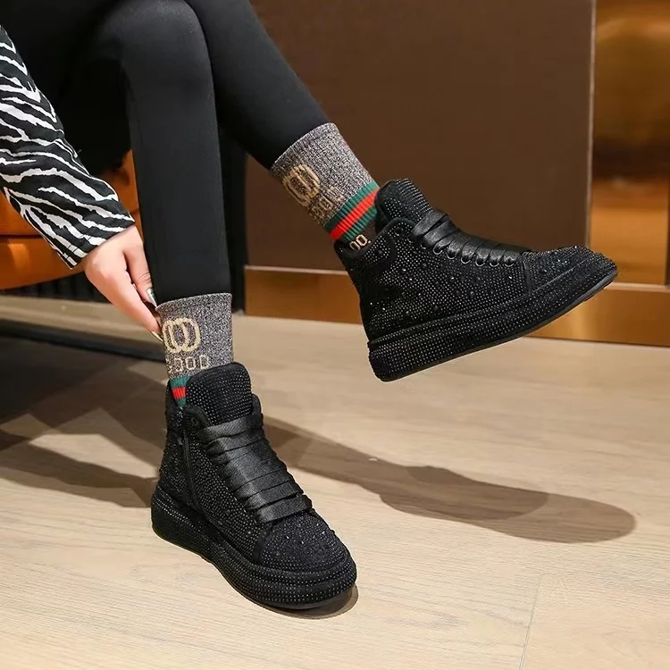 

High-Top Full Diamond Shoes Women Autumn and Winter Internet Celebrity Fleece-Lined Platform Thick-Soled Casual Sneakers shoes