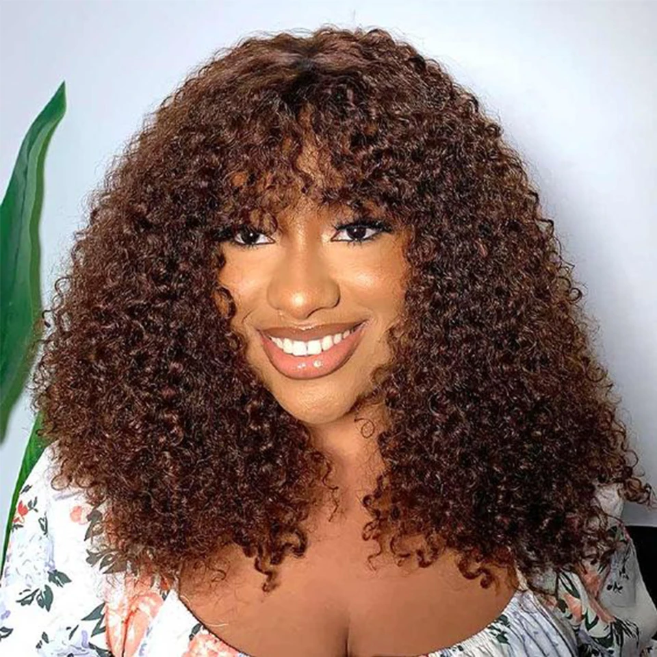 Sleek Curly Human Hair Wigs For Women 4 Chocolate Brown Highlight Remy Brazilian Hair Wigs With Bangs 14 Inch Short Curly Wigs