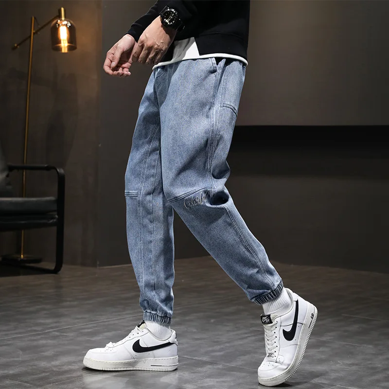 Jeans Men's plus Size Loose Spring Casual Pants Men's Winter Fleece Work Pants Trendy Ankle-Tied Harem Pants