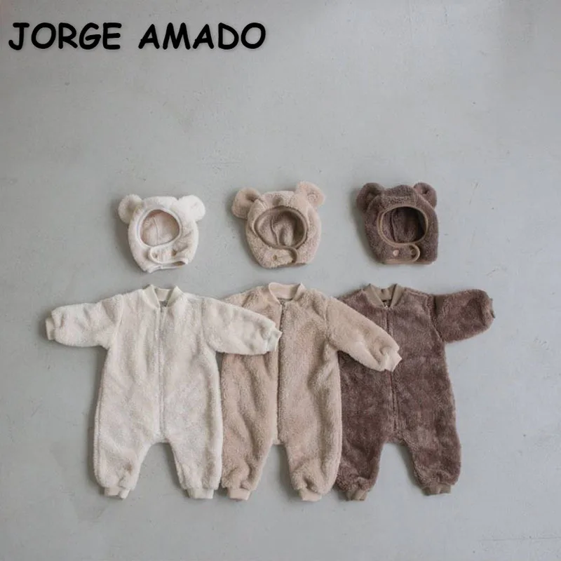 

Korean Style Winter Baby Girl Boy White Pink Brown Plush Long Sleeve Zipper Jumpsuit+Cute Cap Kid Warm Crawling Clothing E61743
