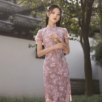 2022 summer new chinese traditional long evening dress improved young girl fresh lace qipao cheongsam women pink chinese dress