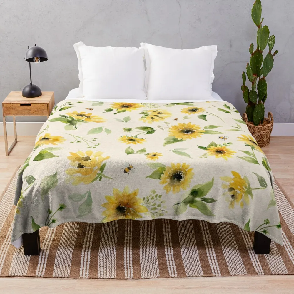 

Sunflowers and Bees Throw Blanket flannel softest blanket