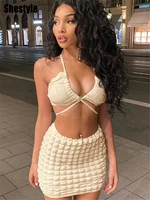 shestyle texture apricot sheath skirts cross bandage strap camisole v neck women 2 two pieces sets 2022 clubwear plaid hot sale