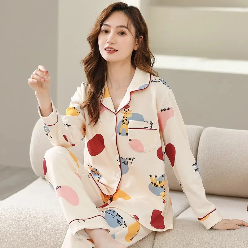 

Women Sleepwear Cotton Pajamas Set Long Sleeve Autumn Homesuits for Girl Lady Elegant Sleepwear Casual Home Wear