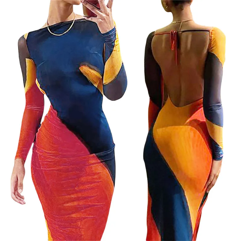 

Women Backless Tie-Up Bodycon Dress Summer Contrast Color Long Sleeve Slim Fit Midi Dress Elegant Party Prom Sundress for Autumn