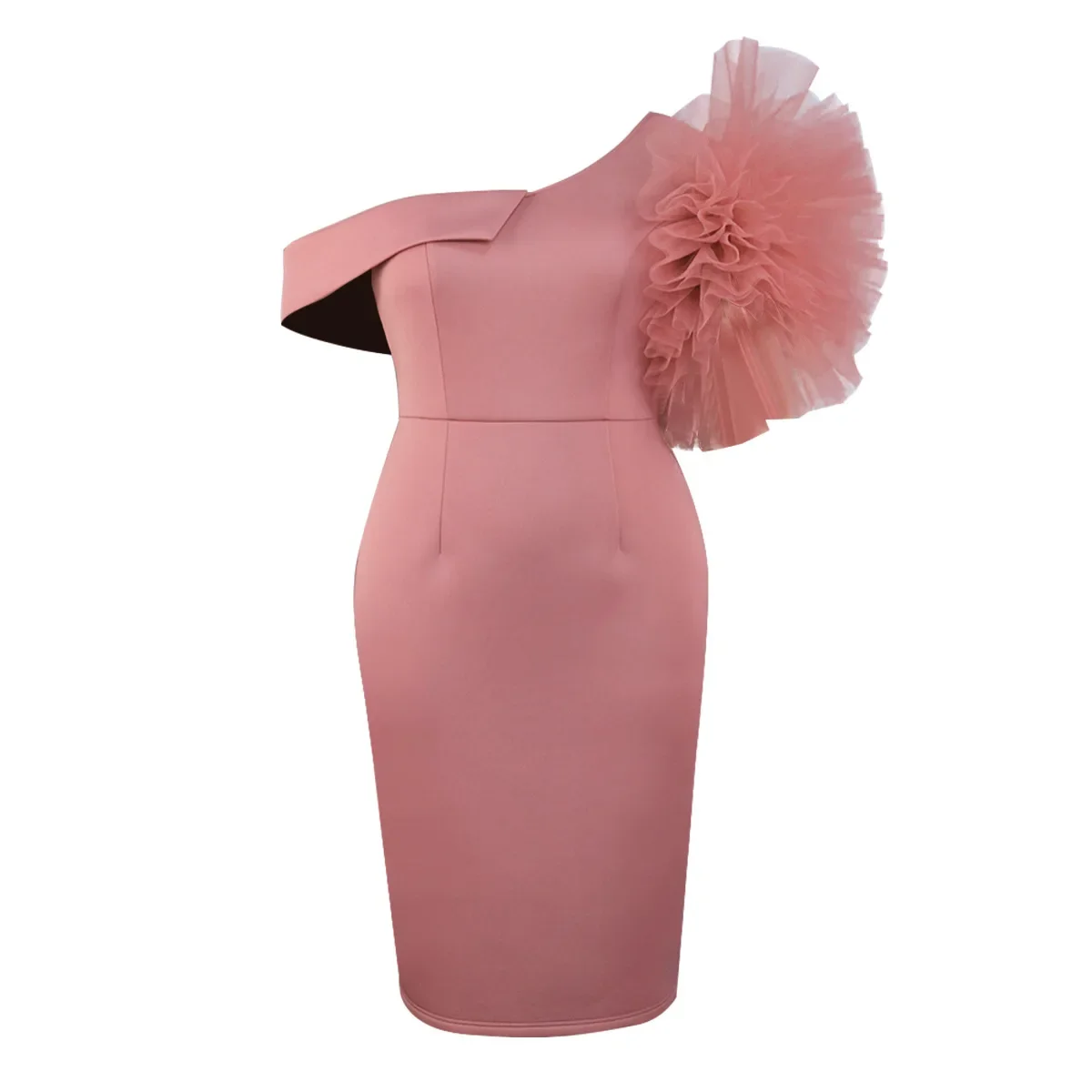 Вечернее платье на одно плечо с прозрачным цветком розы Розовое вечернее миди