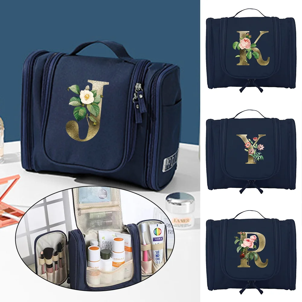 

Travel Makeup Bag Toiletry Kits Organizer Bags Hanging Unisex Washing Cosmetic Storage Make Up Cases Golden Flower Letter Series