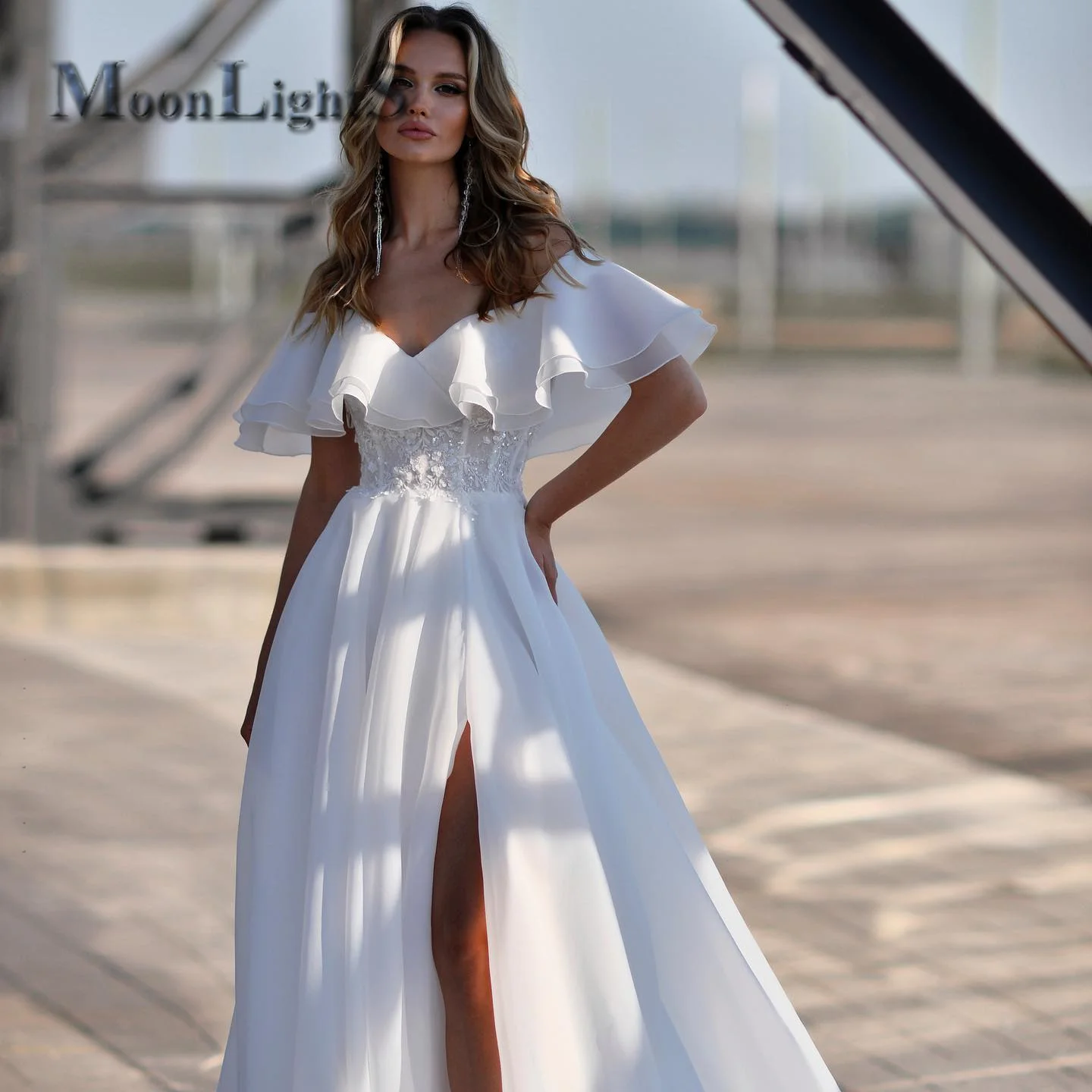 

MoonlightShadow Chiffon Beads Dresses Custom Made Off Shoulder High Slit Sweetheart Vestidos De Novia Brautmode Robe Mariee