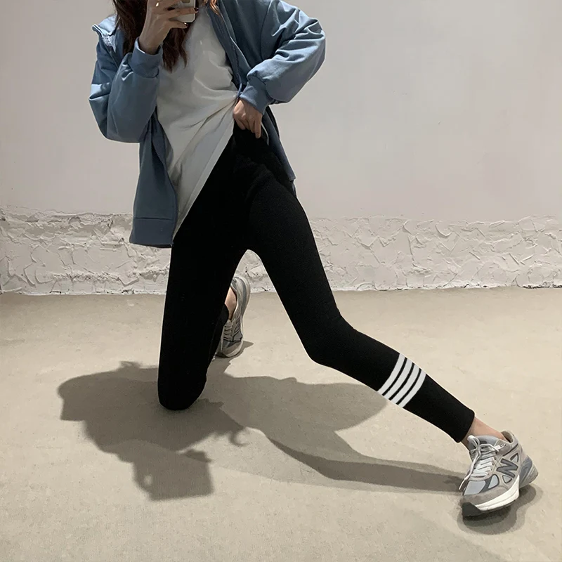TB gray striped leggings female TB outer wear tight-fitting hip-raising high-waist thin elastic yoga sports pants