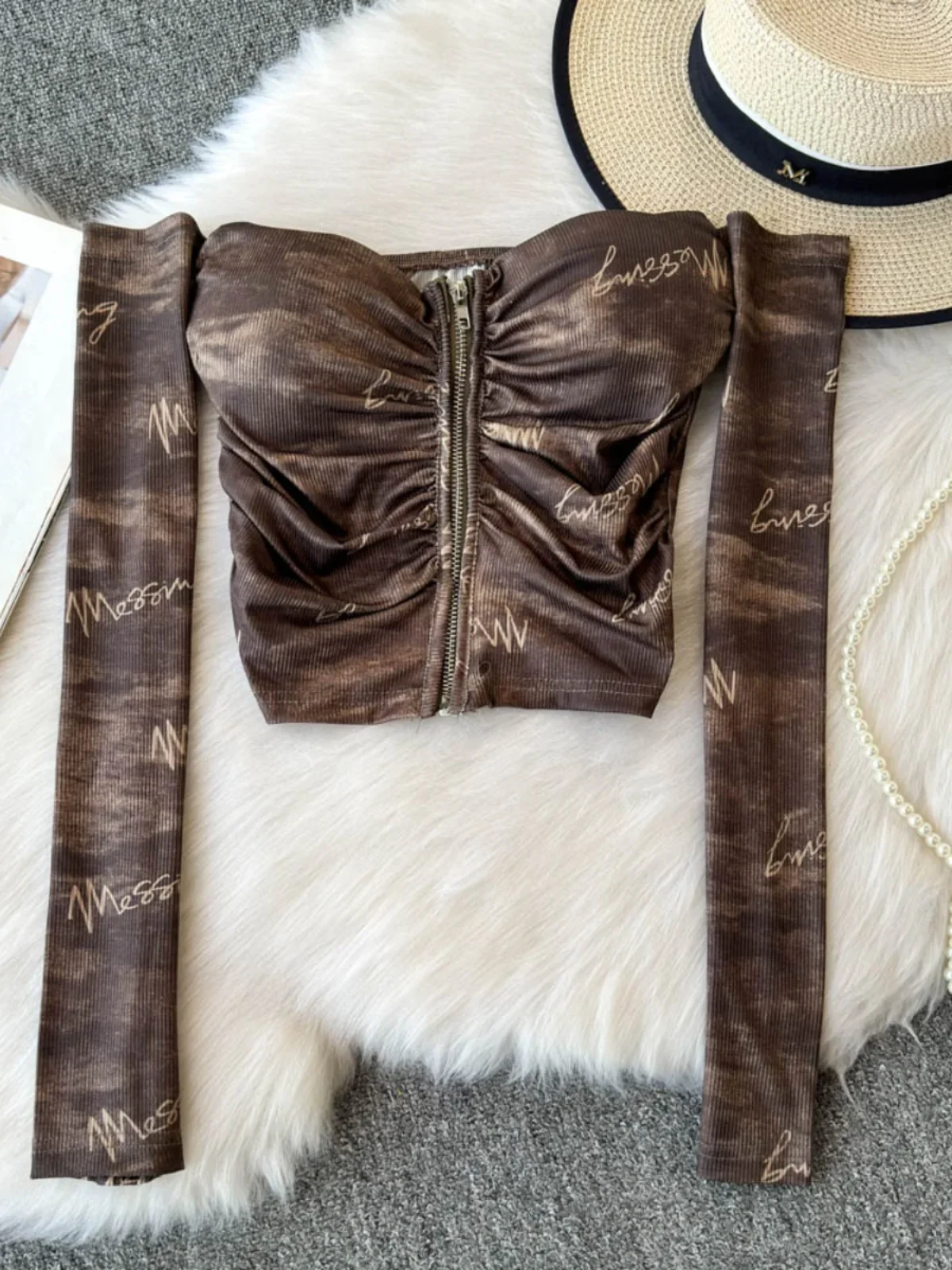 Foamlina 2024 осенняя новая футболка двусторонняя окрашенная со складками и принтом