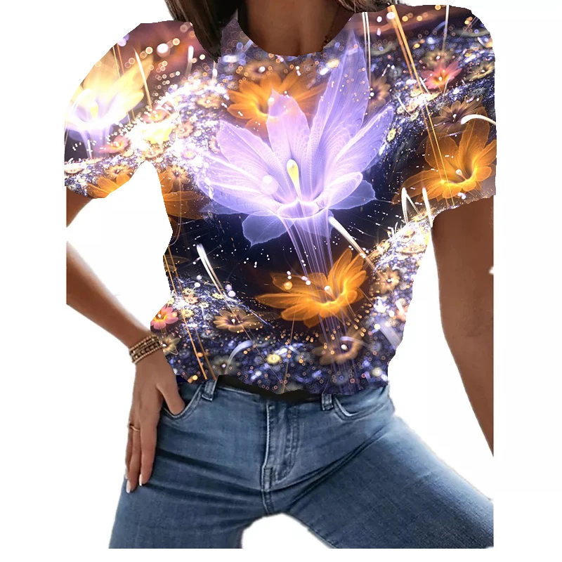 

Summer Floral Ladies Top 3d Round Neck Short Sleeve Women's T-shirt Loose Oversized Silhouette T-shirt Beautiful Clothing Trend