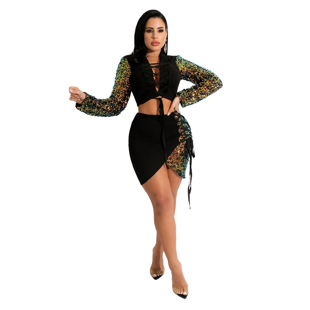 

Two Piece Set Sequin Stitching Suit Long-sleeve Strappy Hip Skirt Party Women's Clothing Nightclub Fashion Spring 2022 New