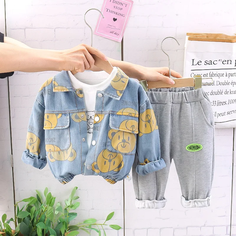 

Toddler Baby Boys Girls Clothing Sets New Autumn Spring Fashion Kids Cartoon Bear Coat+T-shirt+Pants Infant Casual Clothes Suits