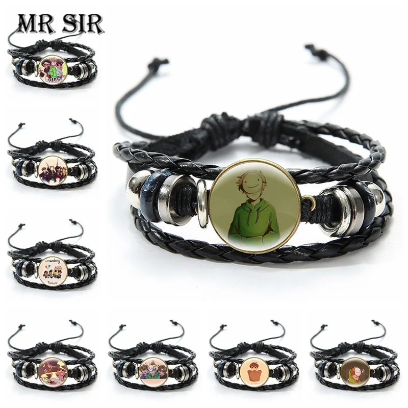 

Game Dream Smp Bracelet Cartoon Figures Glass Cabochon Snap Button Bangle Punk Black Braided Vintage Leather Bracelet Wristbands