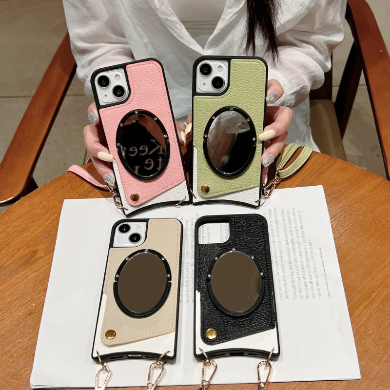 

Luxury Leather Solid Color Mirror Card Pocket Mobile Phone Case with Lanyard for iPhone 13 12 11ProMax X XR XS Max 8Plus SE2020