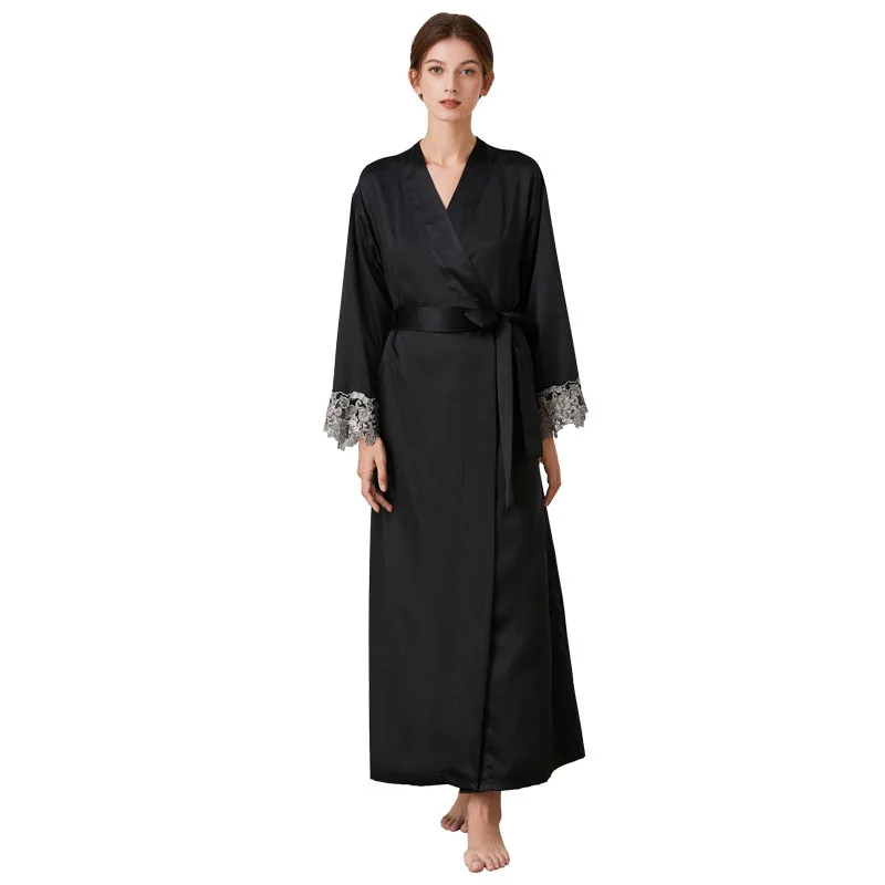 Women Women Silk Long Sleeve Surplice Nightgown Dress with Belt
