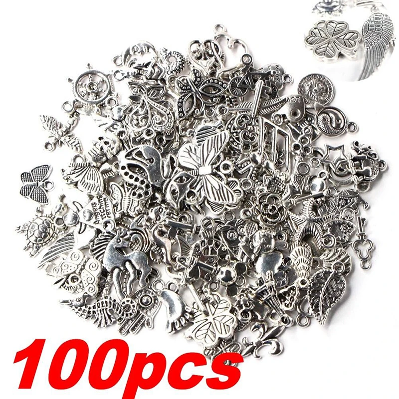 100 шт., тибетские серебряные бусины-подвески в виде животных для изготовления ювелирных изделий, браслетов, серег, ожерелий