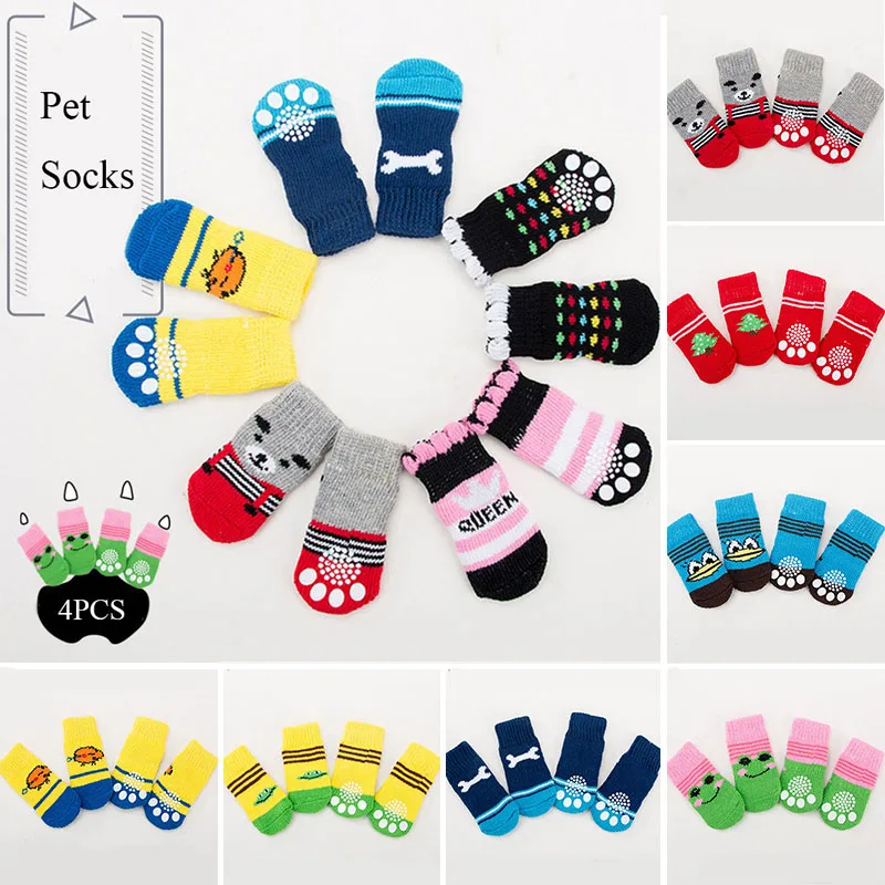 

Winter Warm Dog Socks Cute Cartoon Anti Slip Skid Pet Shoes Socks 4Pcs Soft Breathable Paw Protector for Small Puppy Cat Dogs
