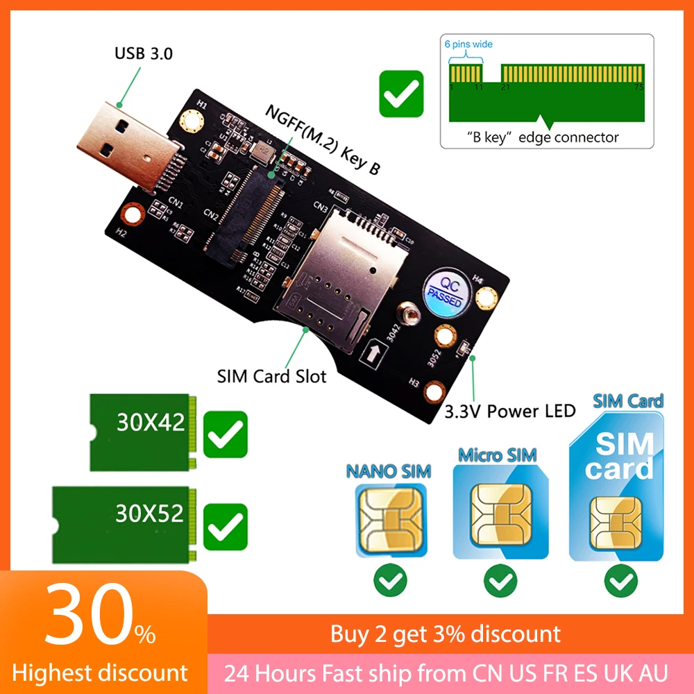 NGFF M.2 Key B to USB 3.0 Adapter Expansion Card with SIM 8pin Card Slot for WWAN/LTE 3G/4G/5G Module Support 3042/3052 M.2 SSD