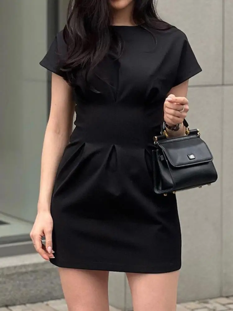 

Missuoo 2023 Summer Female Elegant Commuter Black High Waisted Dress Slim Fit New Fashion Round-neck Short Sleeves Mini Dresses